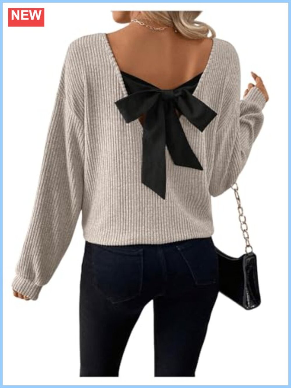 Women's V Neck Bow Back Long Sleeve Ribbed Knit Tunic Oversize Tee